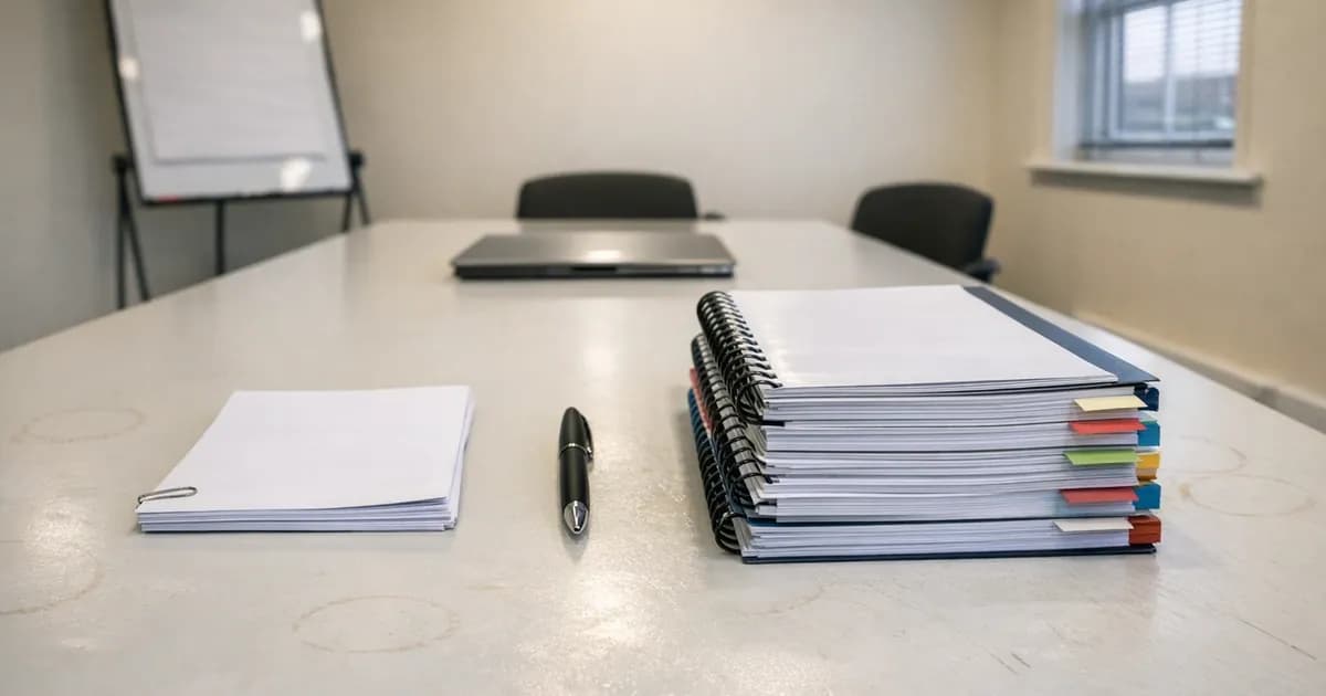 Two stacks of business documents on a meeting table - one thin stack representing Cyber Essentials assessment and one thick tabbed stack representing Cyber 365 programme materials