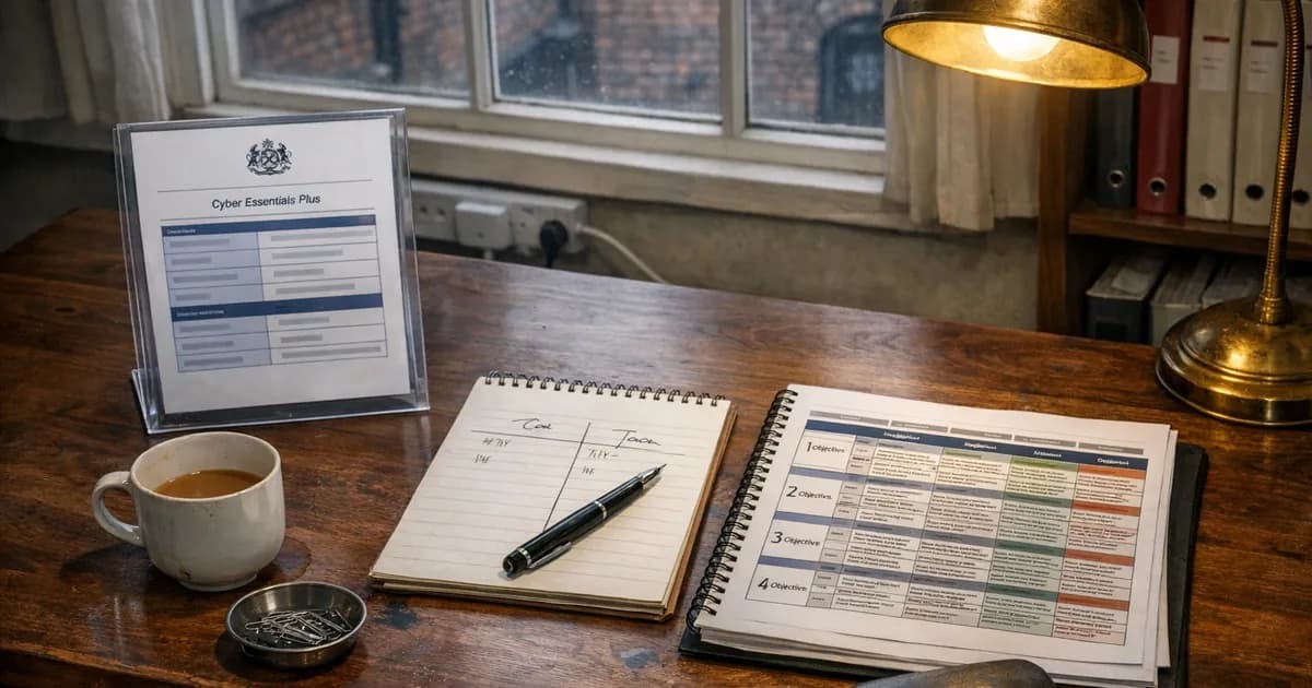 A side-by-side comparison view on a UK office desk: a Cyber Essentials Plus certificate from an IASME Certification Body next to a printed NCSC Cyber Assessment Framework cover sheet showing the four Objectives, with a notepad showing OES designation status and procurement requirements.