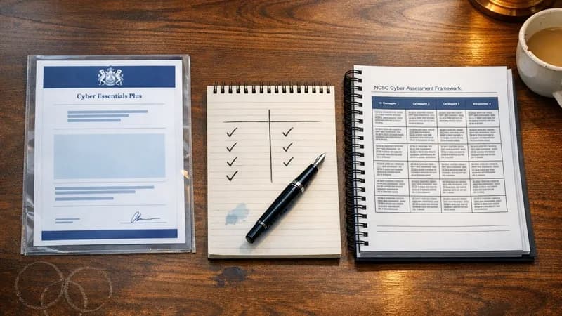 A side-by-side comparison view on a UK office desk: a Cyber Essentials Plus certificate from an IASME Certification Body next to a printed NCSC Cyber Assessment Framework cover sheet showing the four Objectives, with a notepad showing OES designation status and procurement requirements.