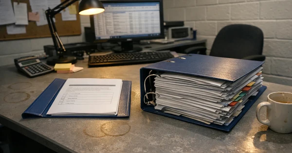 Two certification folders on an office desk showing size contrast between thin Cyber Essentials documentation and thick ISO 27001 policy binder