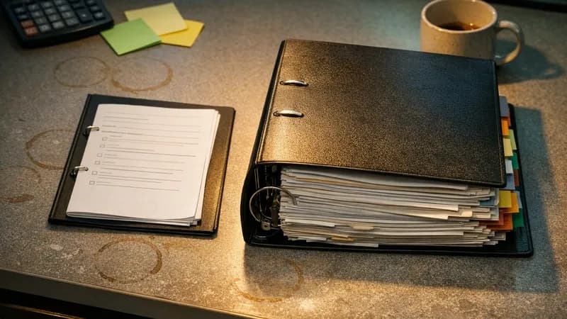 Two certification folders on an office desk showing size contrast between thin Cyber Essentials documentation and thick ISO 27001 policy binder