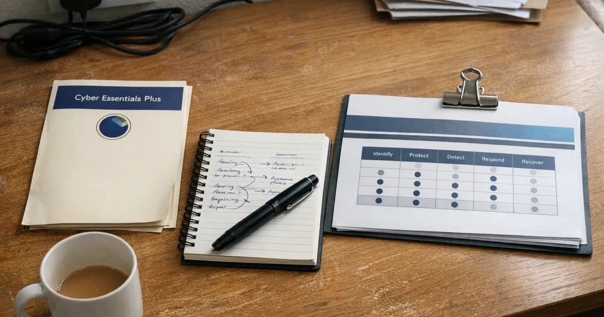 A side-by-side comparison view on a UK office desk: a Cyber Essentials Plus certificate from an IASME Certification Body next to a printed NIST Cybersecurity Framework maturity assessment cover sheet, with a notepad showing customer-by-region procurement requirements.