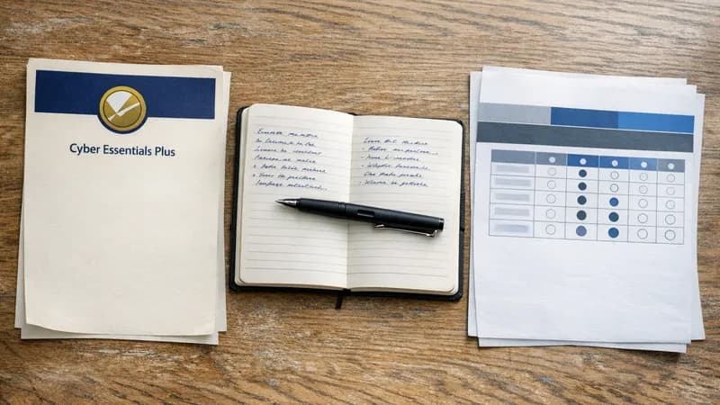 A side-by-side comparison view on a UK office desk: a Cyber Essentials Plus certificate from an IASME Certification Body next to a printed NIST Cybersecurity Framework maturity assessment cover sheet, with a notepad showing customer-by-region procurement requirements.