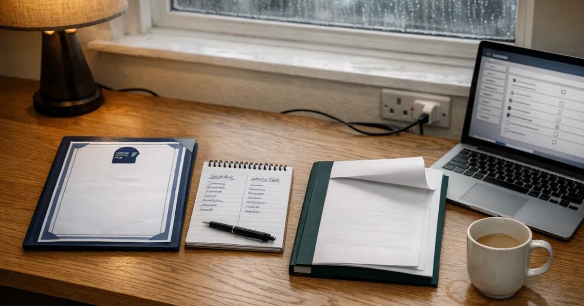 A side-by-side comparison view of two compliance certificates on a UK office desk, one labelled Cyber Essentials Plus from an IASME Certification Body and one labelled SOC 2 Type II from a CPA firm, with a notepad showing customer-by-region procurement requirements and a laptop open to a customer cyber questionnaire.