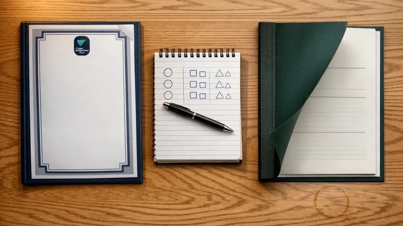 A side-by-side comparison view of two compliance certificates on a UK office desk, one labelled Cyber Essentials Plus from an IASME Certification Body and one labelled SOC 2 Type II from a CPA firm, with a notepad showing customer-by-region procurement requirements and a laptop open to a customer cyber questionnaire.
