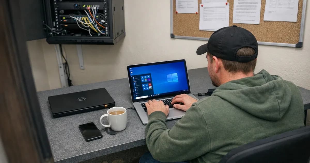 A contractor using their personal MacBook to access a Windows 365 Cloud PC while a company-issued Dell laptop sits unused beside them on an office desk, illustrating the device scope complexity in Cyber Essentials assessments