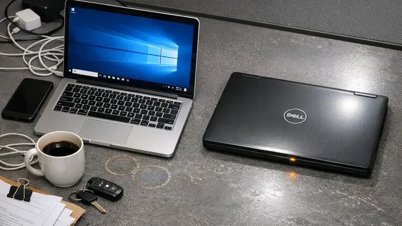 A contractor using their personal MacBook to access a Windows 365 Cloud PC while a company-issued Dell laptop sits unused beside them on an office desk, illustrating the device scope complexity in Cyber Essentials assessments