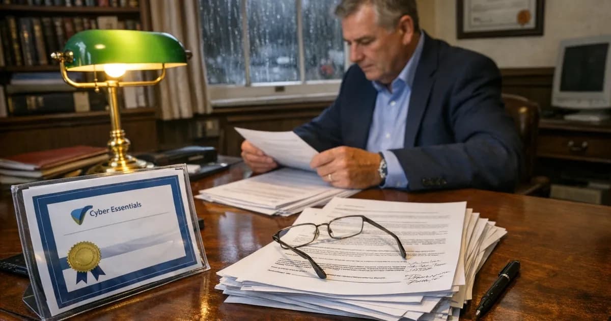 Insurance broker reviewing cyber insurance applications with Cyber Essentials certificate on desk