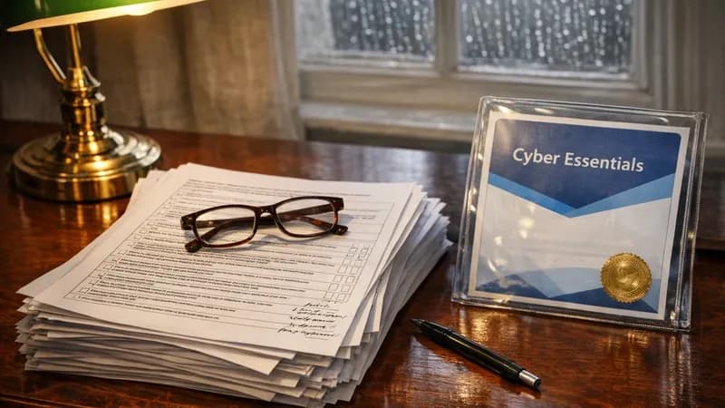 Insurance broker reviewing cyber insurance applications with Cyber Essentials certificate on desk