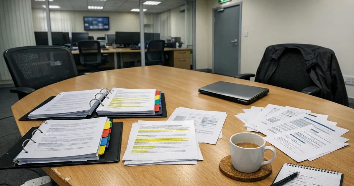 Open compliance ring binders and regulatory documents spread across a meeting table in a small UK managed service provider office