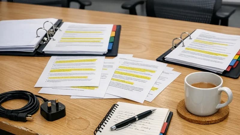 Open compliance ring binders and regulatory documents spread across a meeting table in a small UK managed service provider office