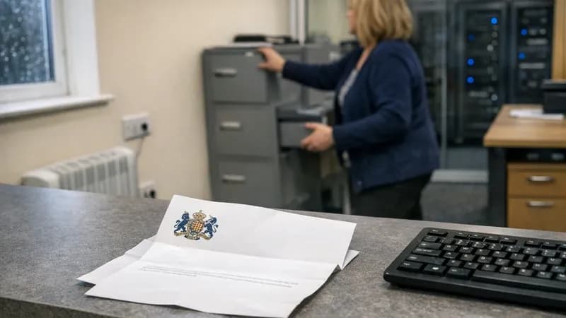 ICO registration letter on MSP reception desk with receptionist filing regulatory correspondence