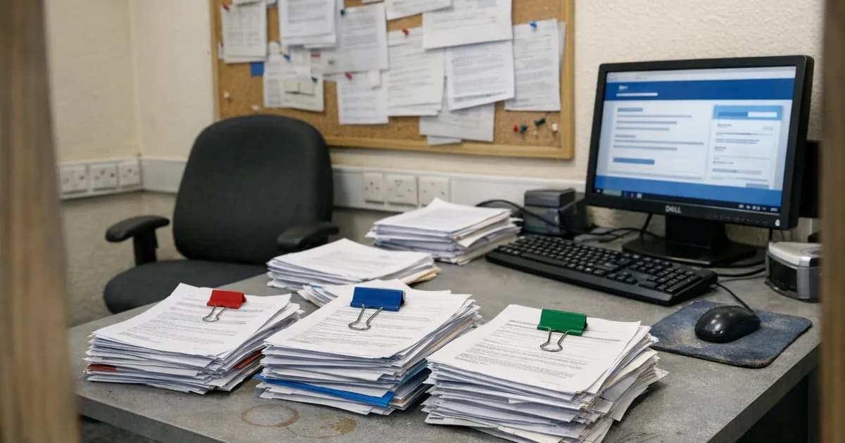 Office desk with stacks of compliance documents held with bulldog clips next to a computer monitor displaying a government portal interface