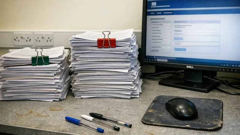 Office desk with stacks of compliance documents held with bulldog clips next to a computer monitor displaying a government portal interface