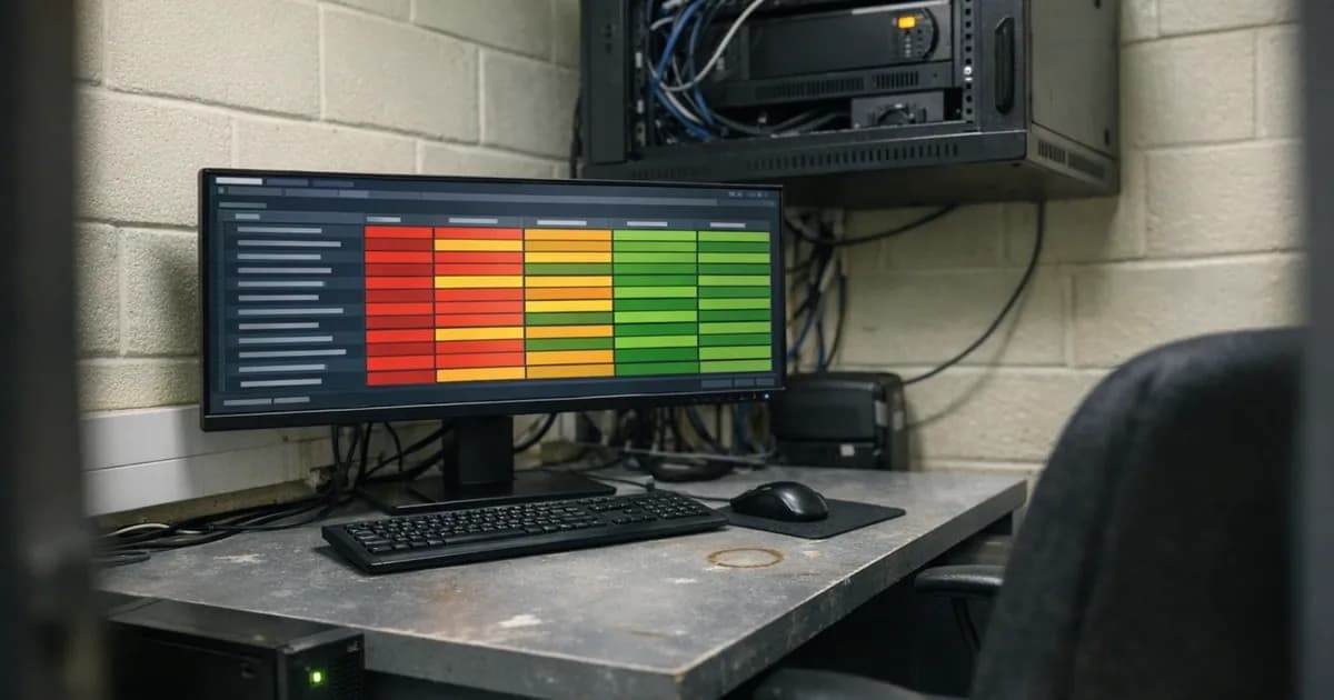 Vulnerability scanner interface displayed on monitor in small business IT office showing scan results grid with severity indicators