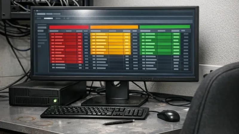Vulnerability scanner interface displayed on monitor in small business IT office showing scan results grid with severity indicators