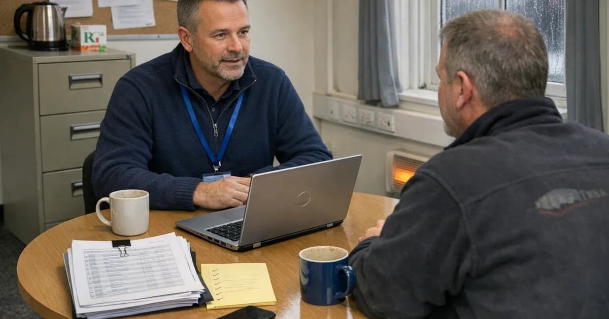 An IT manager at a UK SME reviewing the new Danzell platform interface on a laptop, with a printed Cyber Essentials Plus certificate and a list of question-set changes between Marlin and Danzell visible on the desk.