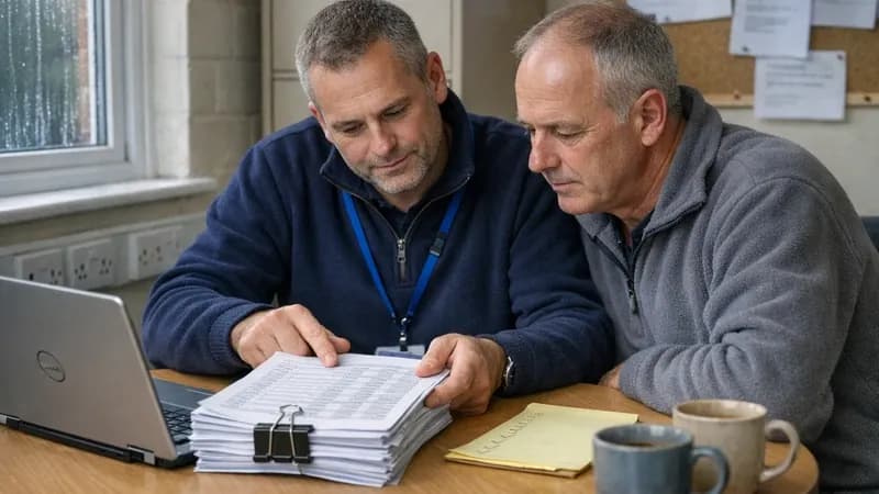 An IT manager at a UK SME reviewing the new Danzell platform interface on a laptop, with a printed Cyber Essentials Plus certificate and a list of question-set changes between Marlin and Danzell visible on the desk.