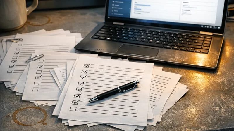 Office desk with printed compliance checklists being completed, laptop showing Microsoft 365 admin interface, pen marking tick boxes on documents