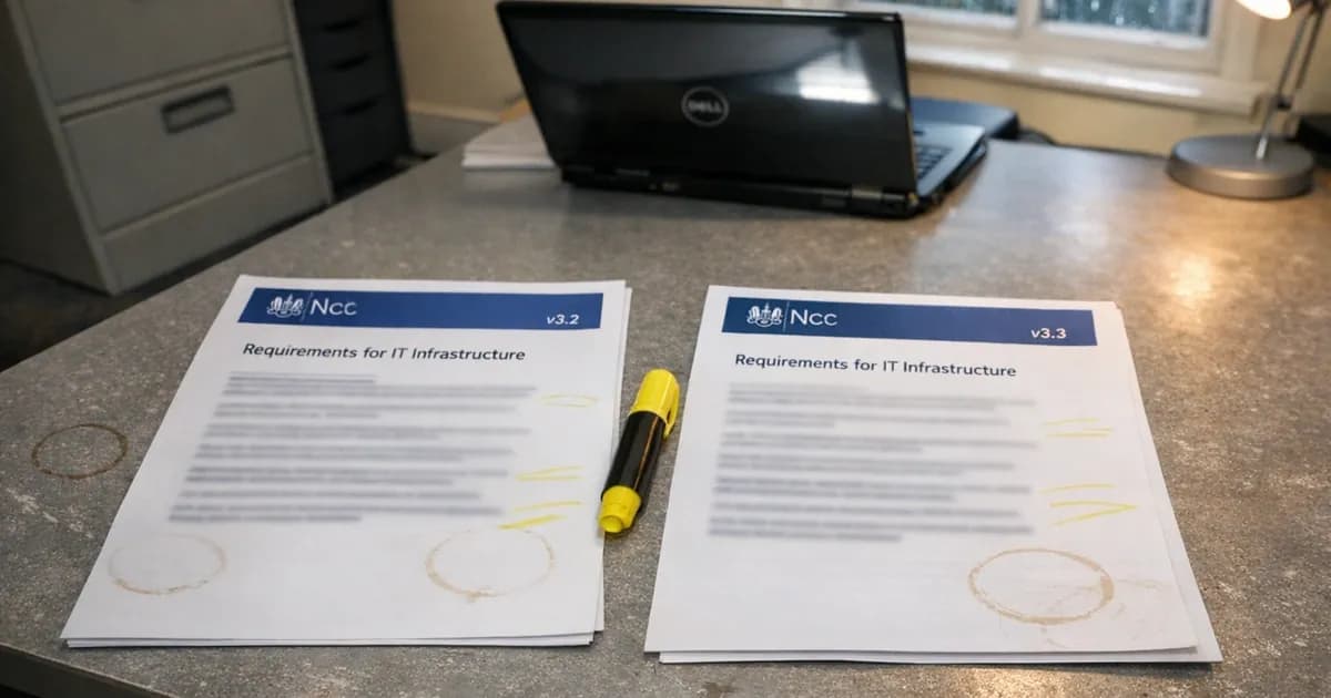 Two Cyber Essentials requirement documents side by side on a desk with a highlighter pen between them, showing version comparison work