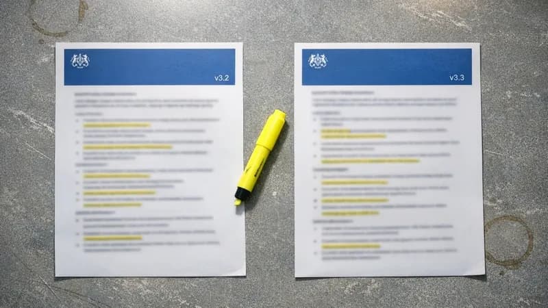 Two Cyber Essentials requirement documents side by side on a desk with a highlighter pen between them, showing version comparison work