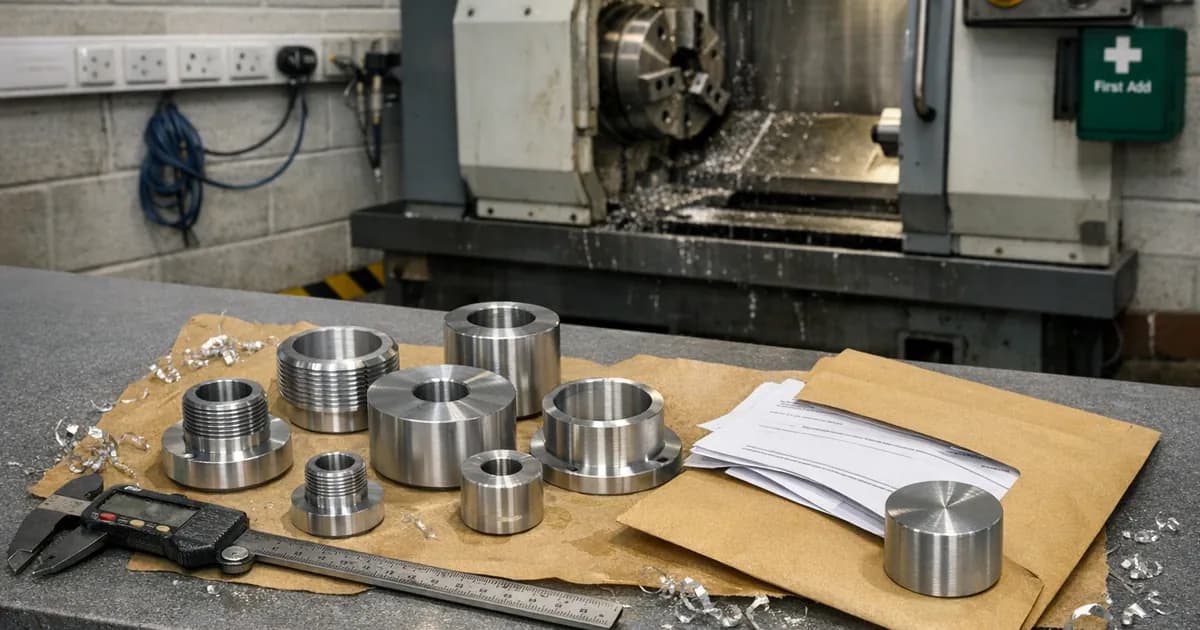 Machined aluminium components and a compliance envelope on a workbench in a small UK precision engineering workshop with CNC machinery in the background