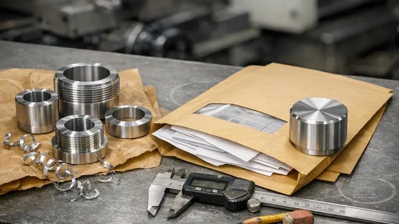 Machined aluminium components and a compliance envelope on a workbench in a small UK precision engineering workshop with CNC machinery in the background