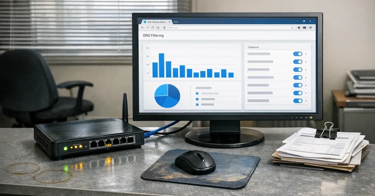 A business router and computer showing DNS filtering dashboard interface on desk in UK office