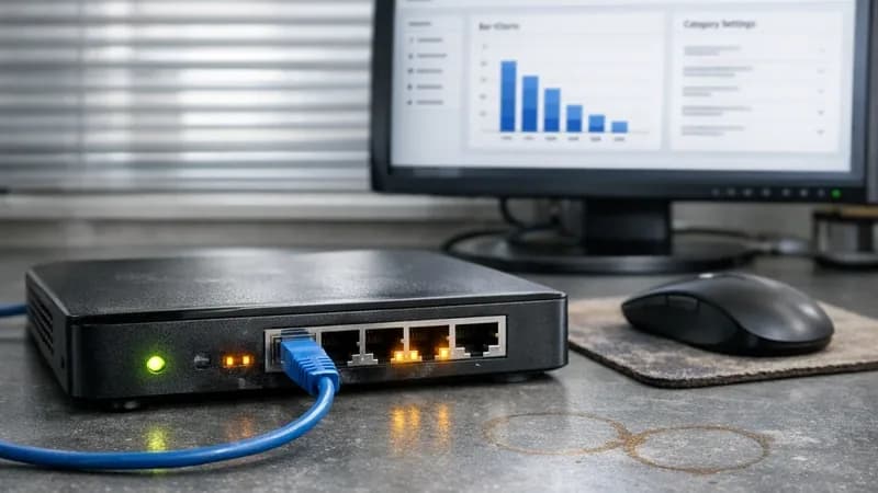 A business router and computer showing DNS filtering dashboard interface on desk in UK office