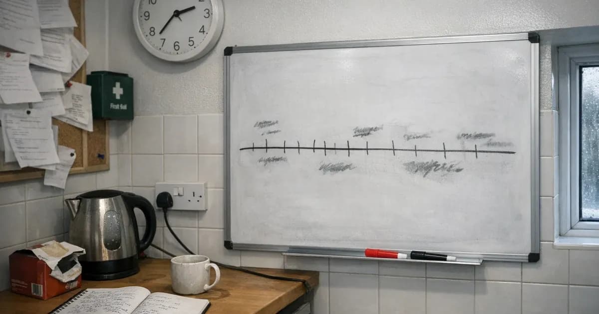 A whiteboard in a small staff kitchen showing a hand-drawn timeline with marks along it, beside a wall clock, a first aid box, a cluttered noticeboard, a kettle and an open notebook on the worktop.