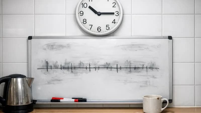 A whiteboard in a small staff kitchen showing a hand-drawn timeline with marks along it, beside a wall clock, a first aid box, a cluttered noticeboard, a kettle and an open notebook on the worktop.