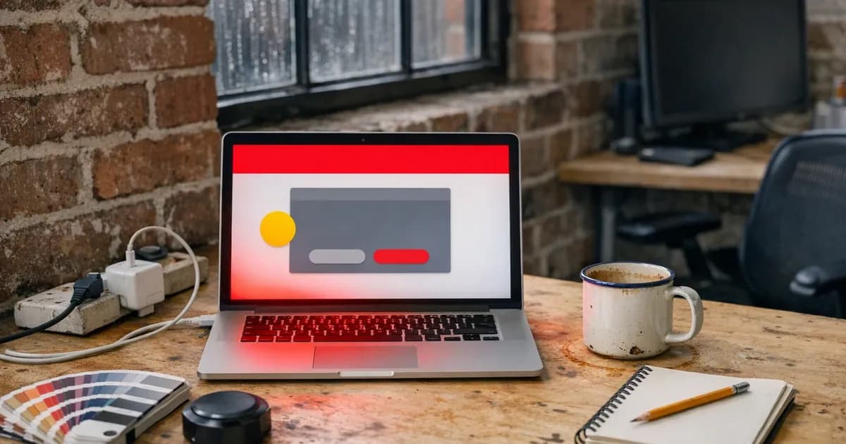 A laptop on a design studio workbench showing a red full-screen warning pop-up with a dismiss button, surrounded by a colour swatch fan, an enamel mug and a notebook, with an exposed brick wall behind.