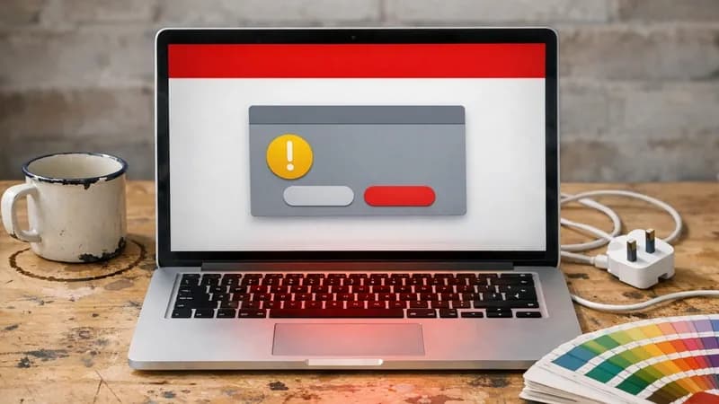 A laptop on a design studio workbench showing a red full-screen warning pop-up with a dismiss button, surrounded by a colour swatch fan, an enamel mug and a notebook, with an exposed brick wall behind.