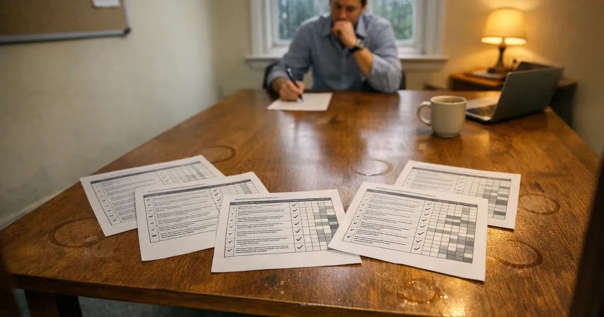 Business meeting table with security assessment documents spread out, person with pen comparing different compliance requirements