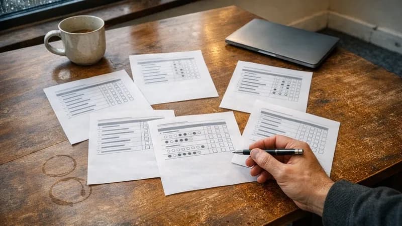 Business meeting table with security assessment documents spread out, person with pen comparing different compliance requirements