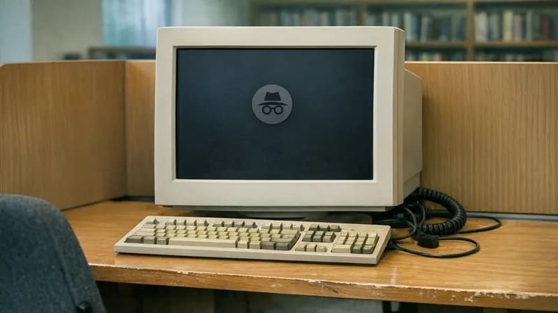 A laptop on a library desk showing a browser private-browsing start page, with other people working at shared computers in the background.