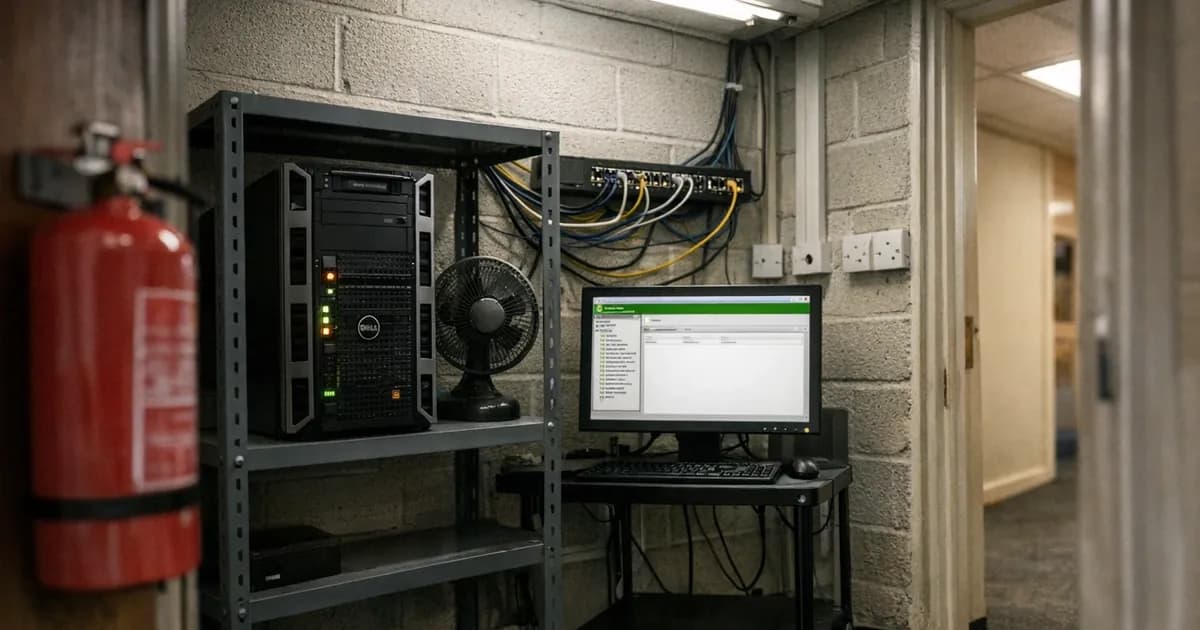 A small business server room showing a Dell tower server and monitor displaying the Microsoft Exchange Management Console, representing the type of on-premises Exchange infrastructure targeted in the ProxyLogon attack