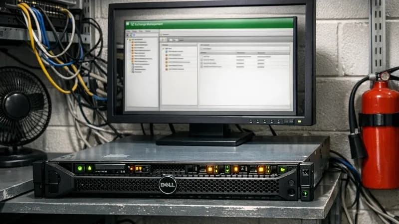 A small business server room showing a Dell tower server and monitor displaying the Microsoft Exchange Management Console, representing the type of on-premises Exchange infrastructure targeted in the ProxyLogon attack