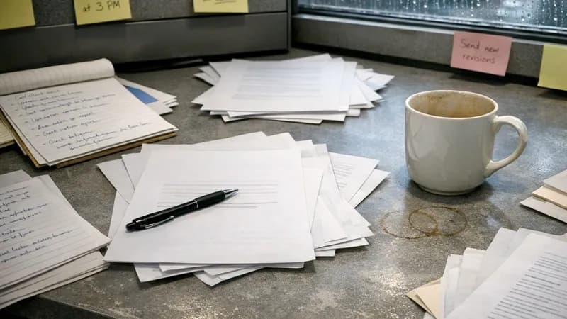 Office desk with scattered assessment documents and remediation notes showing Cyber Essentials failure response work in progress