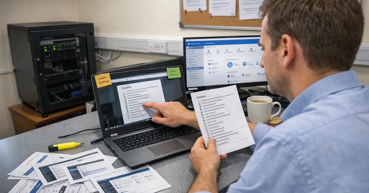 Person at desk reviewing printed checklist while pointing at matching document on laptop screen, surrounded by preparation materials including printed screenshots and office supplies