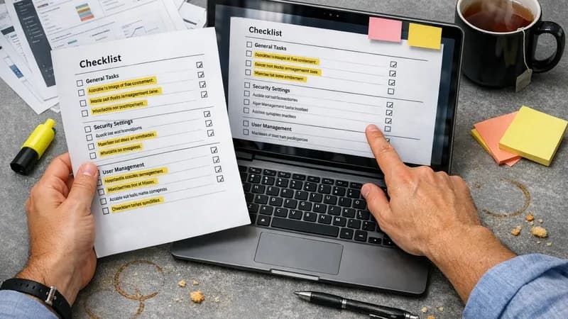 Person at desk reviewing printed checklist while pointing at matching document on laptop screen, surrounded by preparation materials including printed screenshots and office supplies