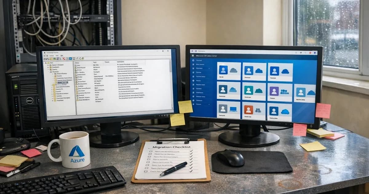 IT administrator's desk during cloud migration showing old Windows Server console on one monitor and Microsoft 365 admin interface on another, with migration documentation and partially decommissioned server equipment