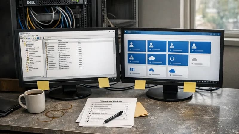 IT administrator's desk during cloud migration showing old Windows Server console on one monitor and Microsoft 365 admin interface on another, with migration documentation and partially decommissioned server equipment