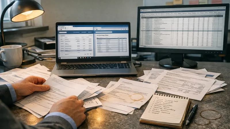 Business manager at desk with laptop showing browser tabs for bank statements and password manager, surrounded by printed email confirmations and handwritten service inventory notes, with whiteboard showing department tools in background