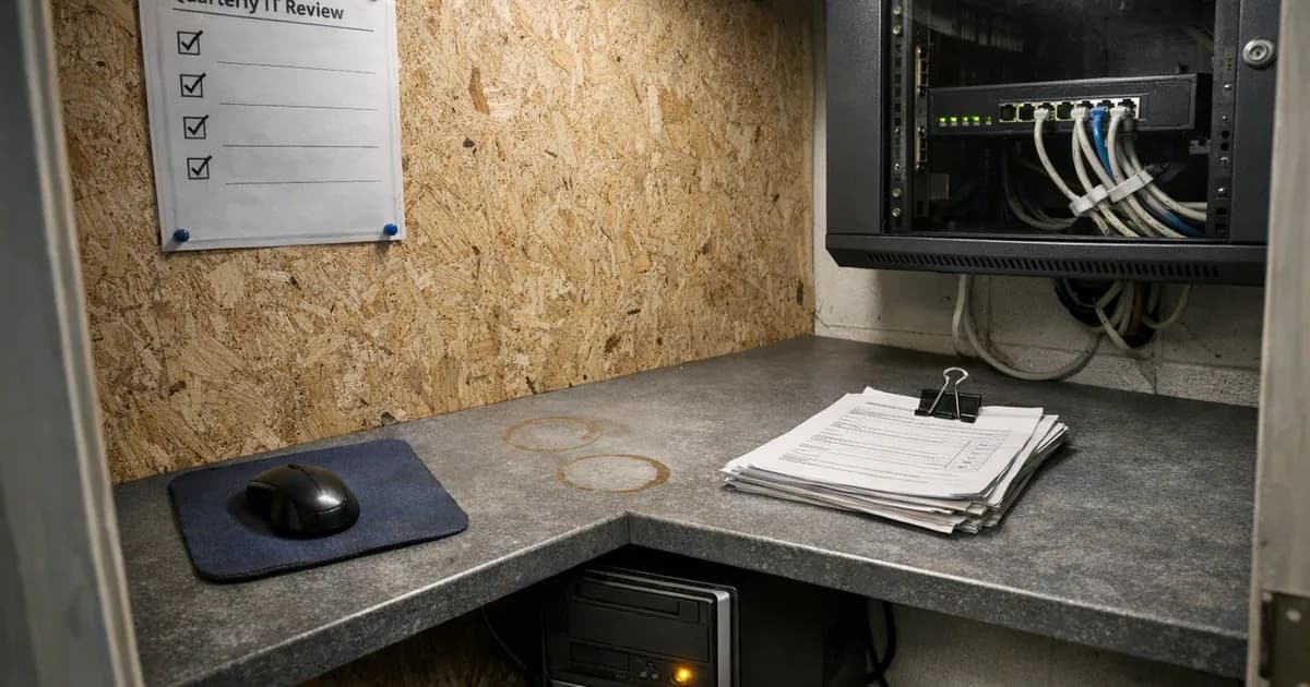 A small UK business IT workspace showing a quarterly compliance checklist pinned above a desk with printed reports and basic network equipment