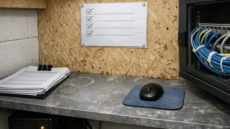 A small UK business IT workspace showing a quarterly compliance checklist pinned above a desk with printed reports and basic network equipment