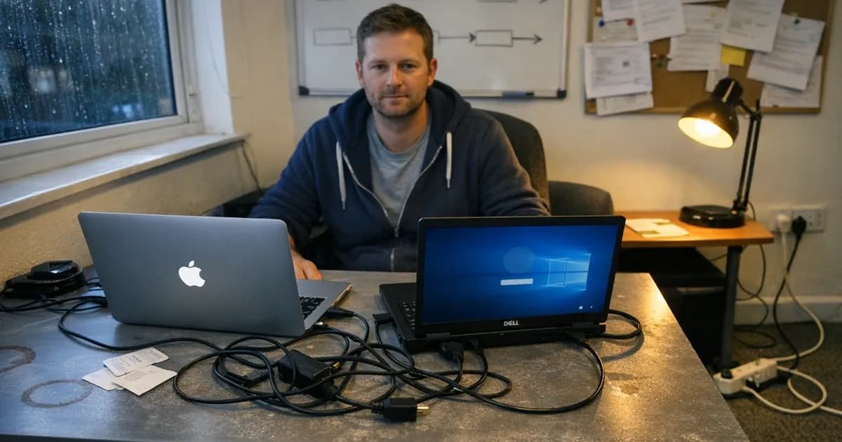 A contractor working with both their personal MacBook and a company-issued Dell laptop on an office desk, showing the dual-device scenario common in contractor arrangements