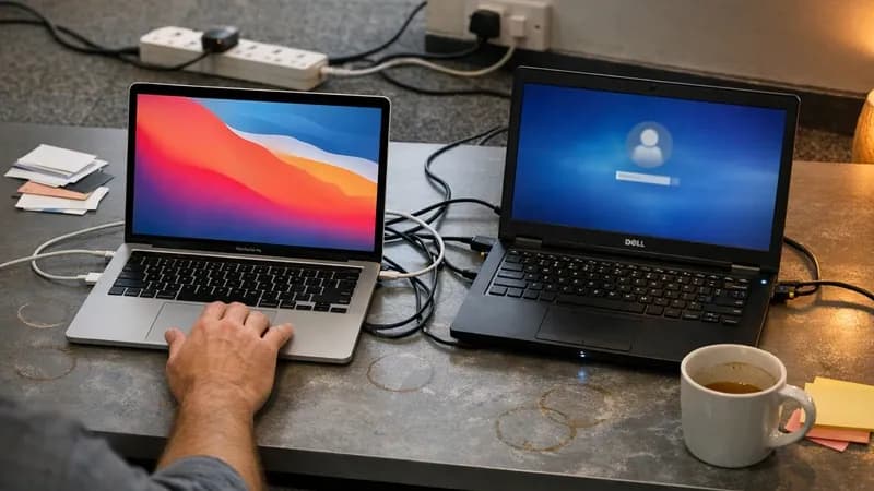 A contractor working with both their personal MacBook and a company-issued Dell laptop on an office desk, showing the dual-device scenario common in contractor arrangements