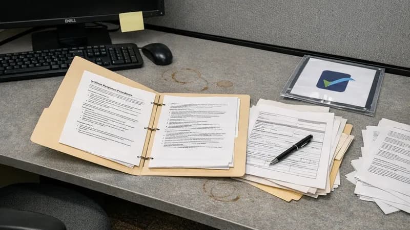 Office desk with opened incident response folder, official forms, and Cyber Essentials certificate beside a switched-off computer