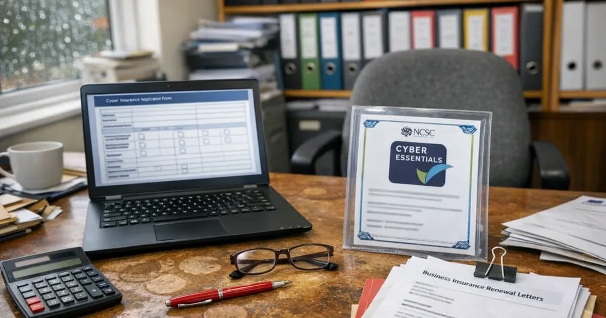 Business desk with laptop showing insurance application form and Cyber Essentials certificate, representing the connection between certification and cyber insurance coverage